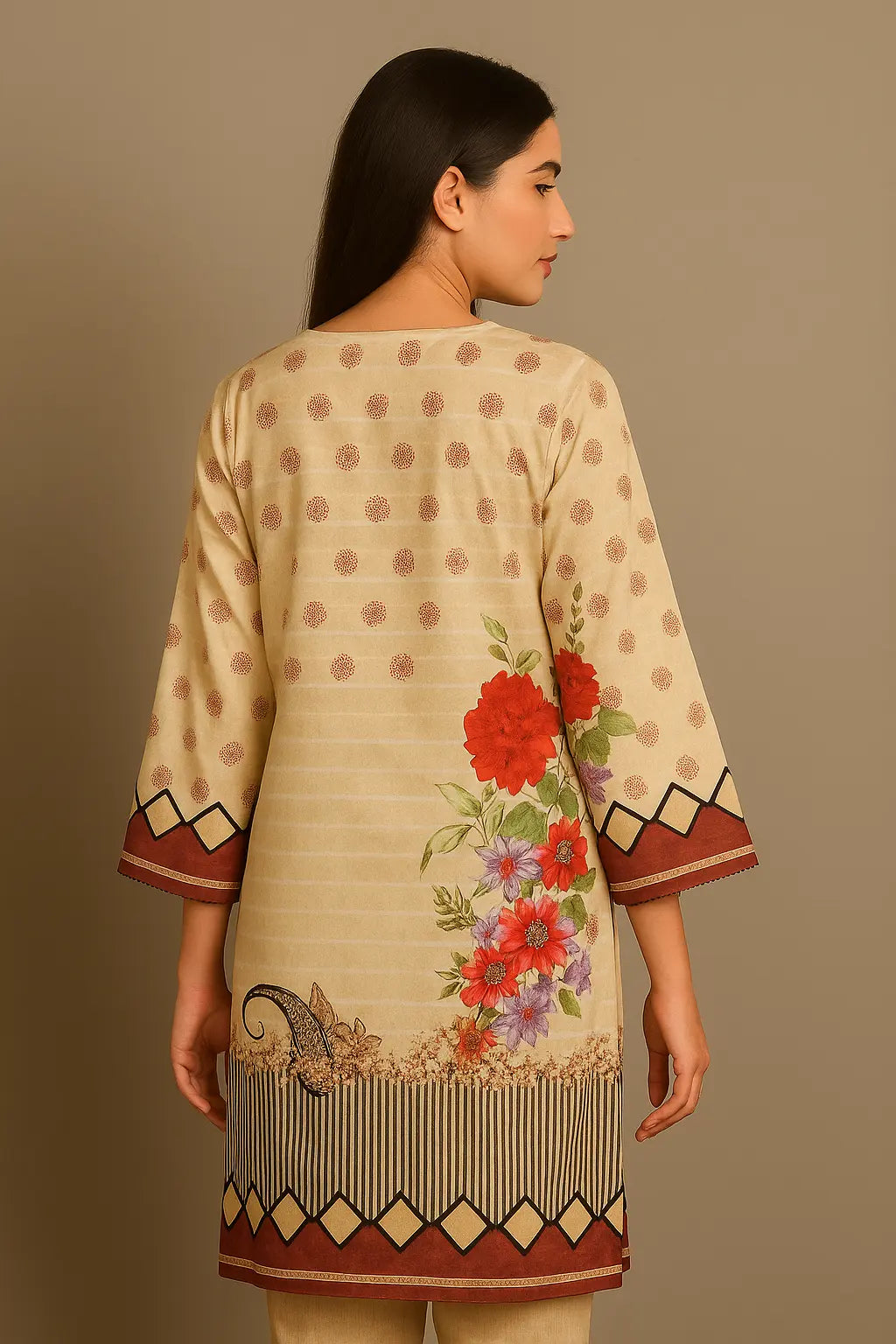 Woman wearing a beige floral dress with red flowers on a plain background