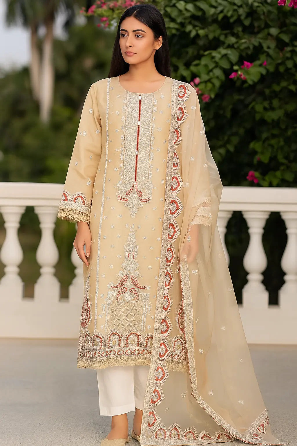 Elegant Beige Embroidered 3-Piece Organza Suit WOMEN'S CHOICE