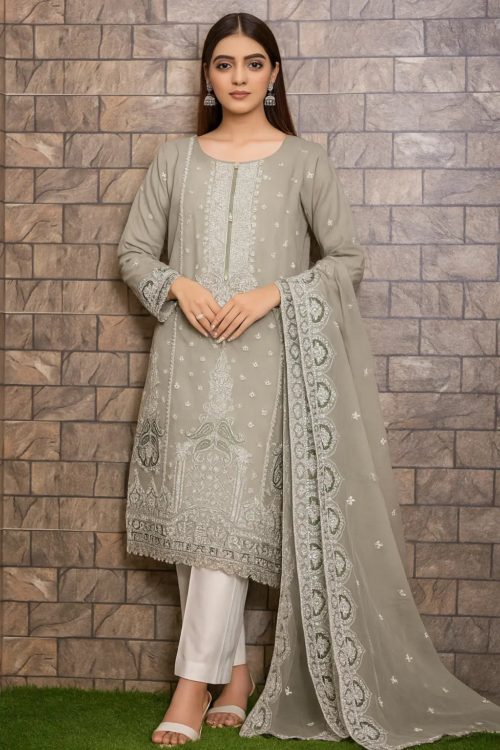 Elegant Beige Embroidered 3-Piece Organza Suit WOMEN'S CHOICE