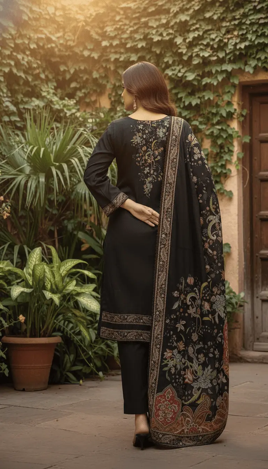 Elegant Black Printed Silk 3-Piece Suit WOMEN'S CHOICE