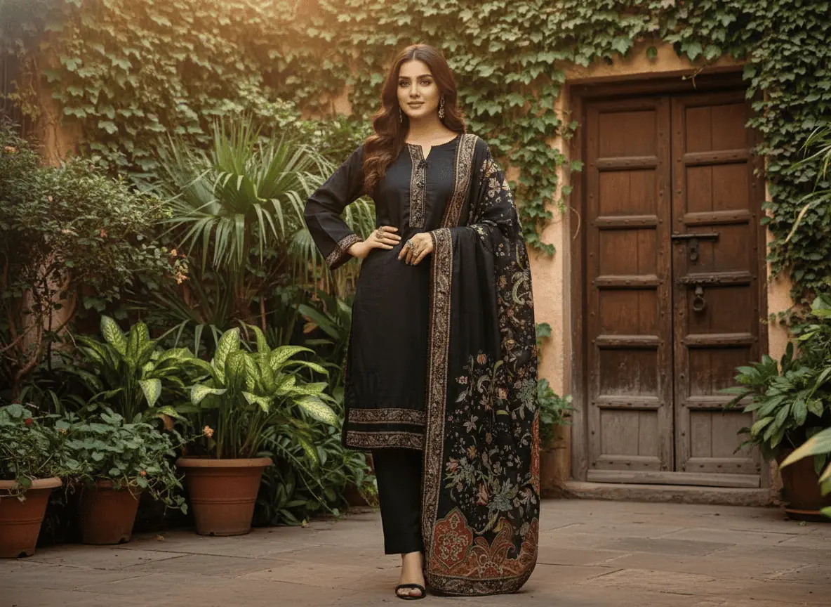 Elegant Black Printed Silk 3-Piece Suit WOMEN'S CHOICE