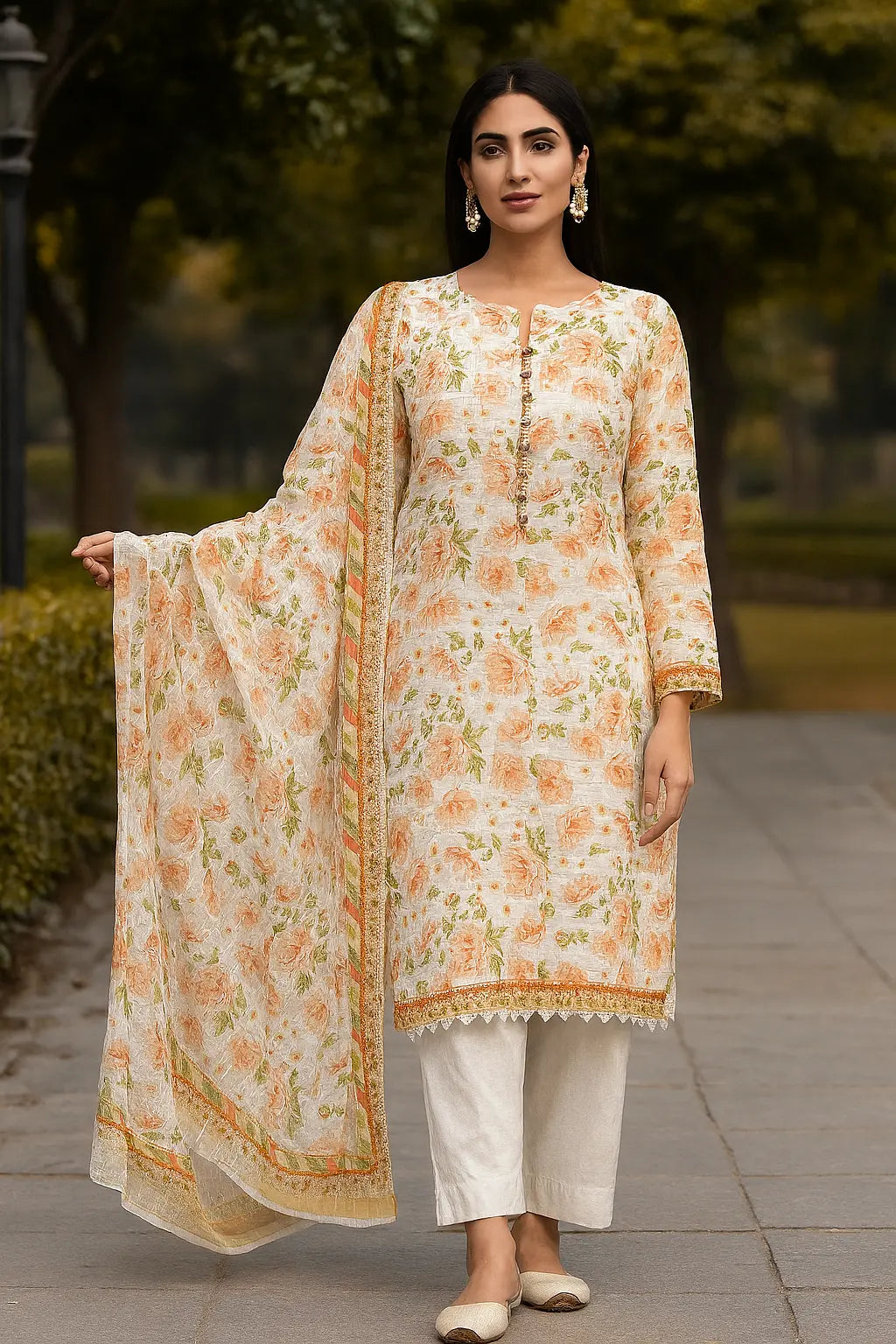 Elegant Floral Monar Silk 3-Piece Suit in Orange & Green Tones – Stitched WOMEN'S CHOICE
