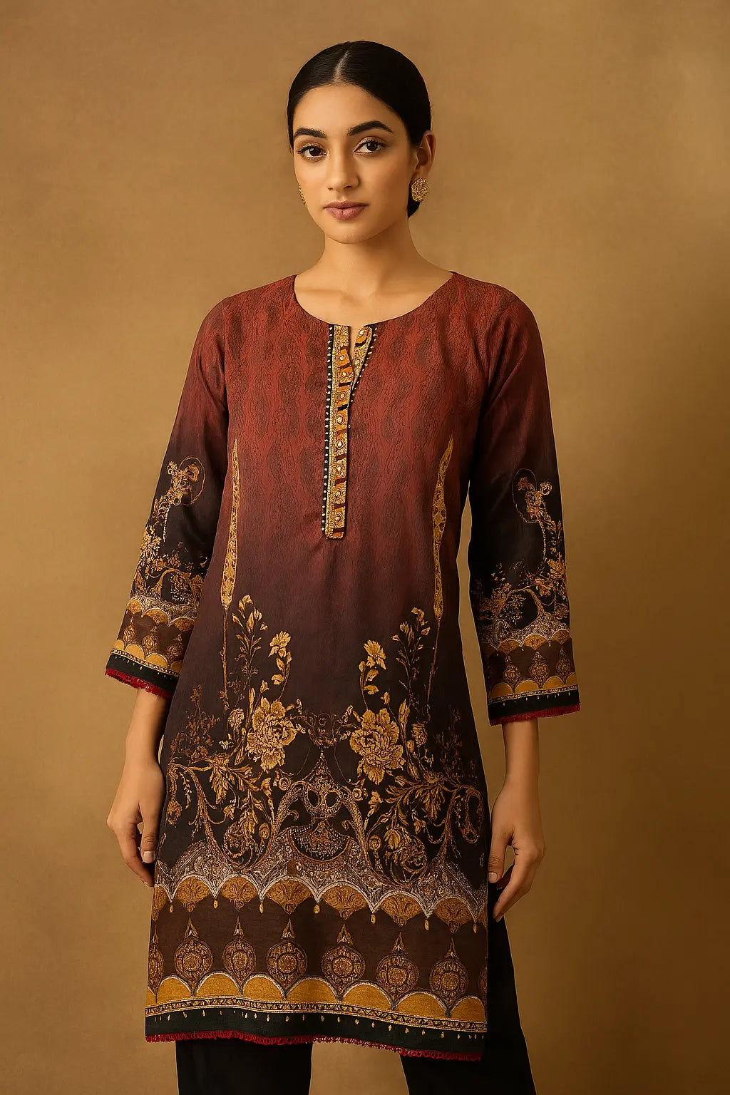 Maroon & Black Shalmos Silk Kurti with Antique Gold Digital Print – 1 Piece Stitched WOMEN'S CHOICE