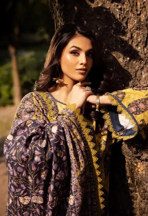 Amber Glow – Mustard Yellow & Purple Printed Lawn 3 Piece Stitched Suit WOMEN'S CHOICE