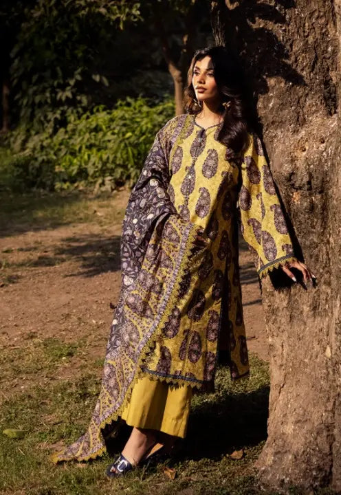 Amber Glow – Mustard Yellow & Purple Printed Lawn 3 Piece Stitched Suit WOMEN'S CHOICE