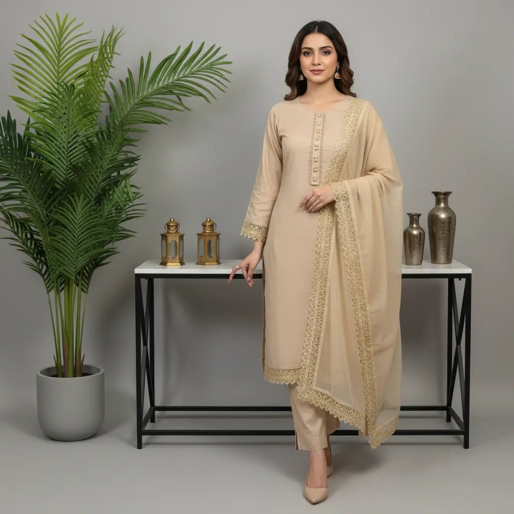 Beige Grace Premium Cotton Lawn 3 Piece Suit WOMEN'S CHOICE