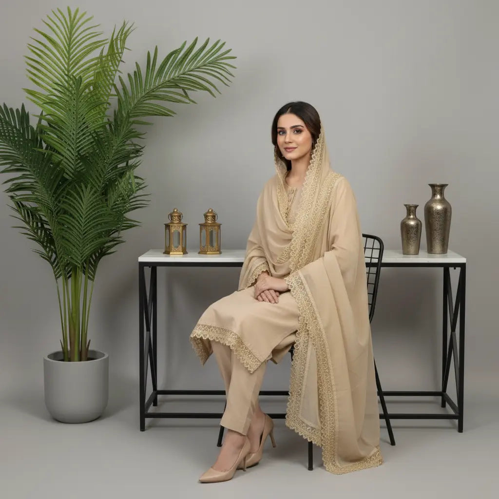 Beige Grace Premium Cotton Lawn 3 Piece Suit WOMEN'S CHOICE