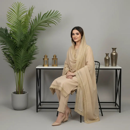 Beige Grace Premium Cotton Lawn 3 Piece Suit WOMEN'S CHOICE