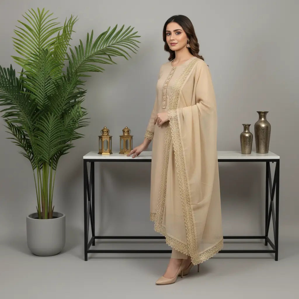 Beige Grace Premium Cotton Lawn 3 Piece Suit WOMEN'S CHOICE