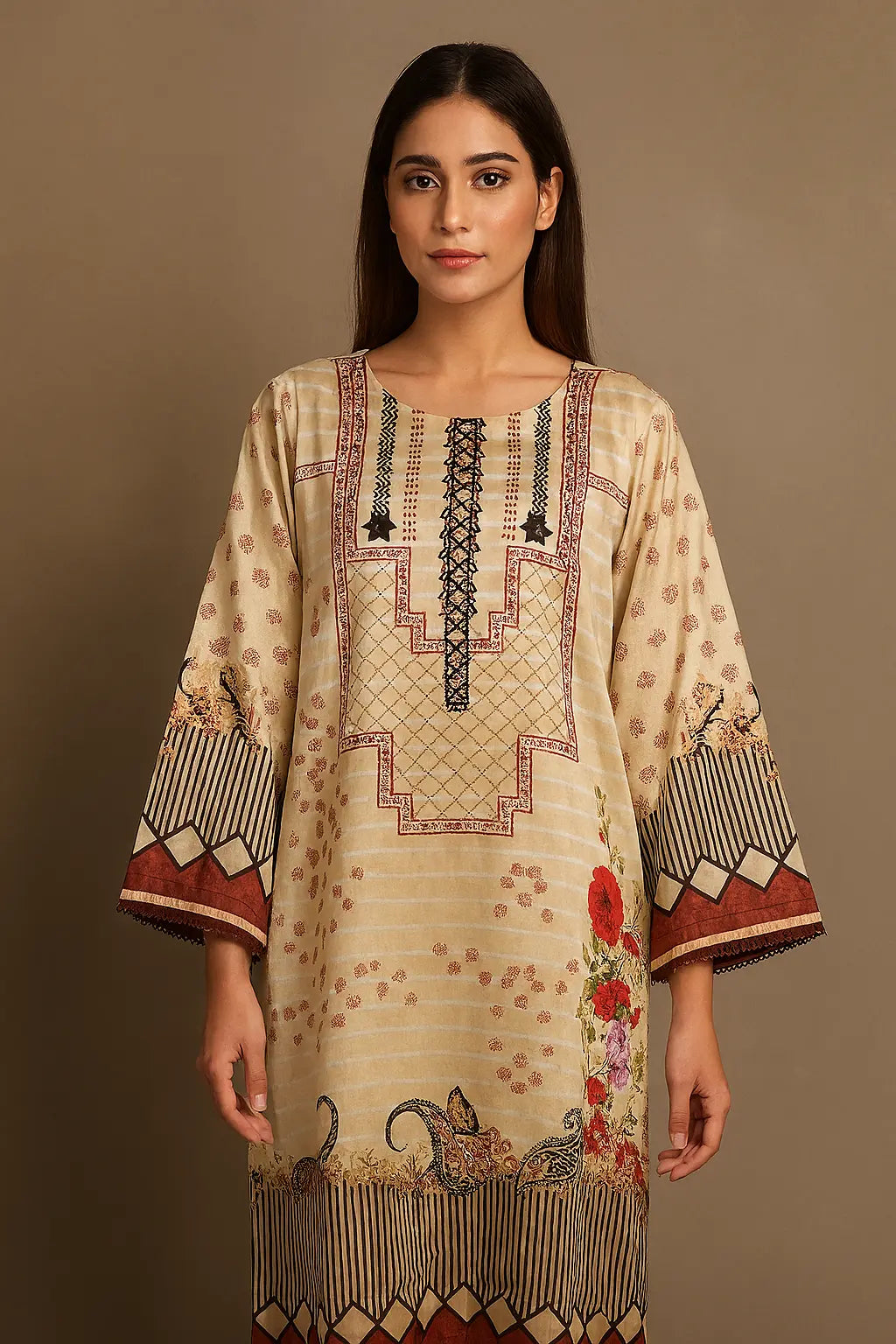 Beige Shalmos Silk Printed Kurti with Geometric & Floral Detailing – 1 Piece Stitched WOMEN'S CHOICE