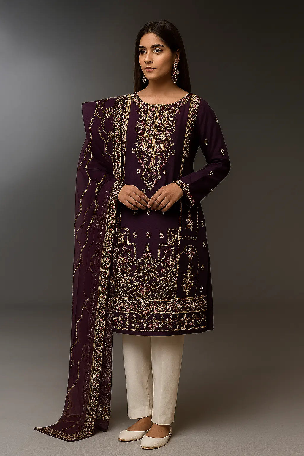 Deep Plum Purple Embroidered 3-Piece Stitched  Suit WOMEN'S CHOICE