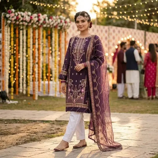 Deep Plum Purple Embroidered 3-Piece Stitched Suit WOMEN'S CHOICE