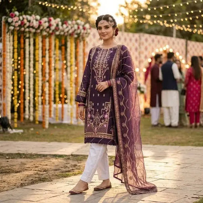 Deep Plum Purple Embroidered 3-Piece Stitched Suit WOMEN'S CHOICE