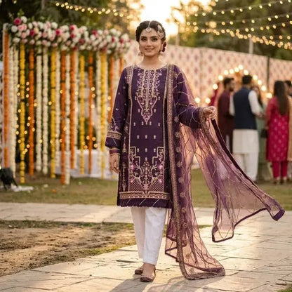 Deep Plum Purple Embroidered 3-Piece Stitched Suit WOMEN'S CHOICE