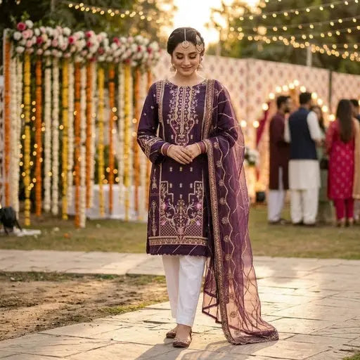 Deep Plum Purple Embroidered 3-Piece Stitched Suit WOMEN'S CHOICE