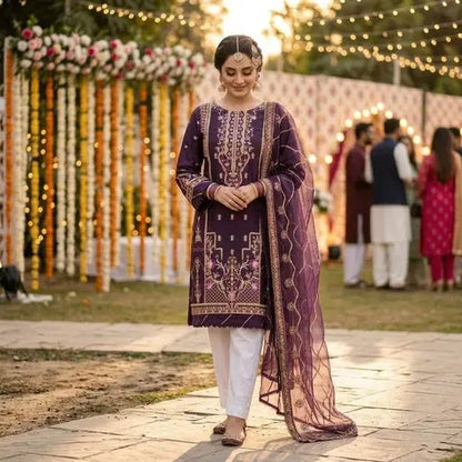 Deep Plum Purple Embroidered 3-Piece Stitched Suit WOMEN'S CHOICE