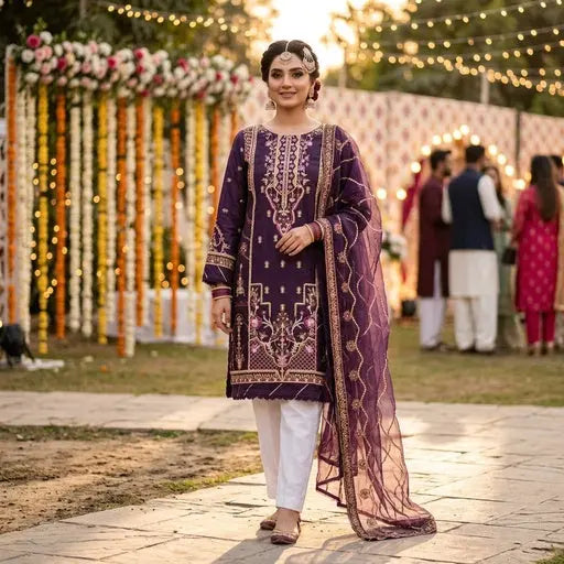 Deep Plum Purple Embroidered 3-Piece Stitched Suit WOMEN'S CHOICE