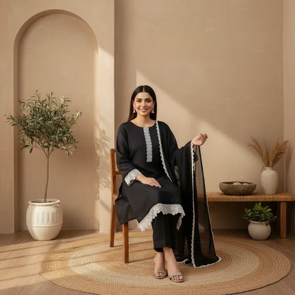 Elegant Black Cotton Lawn 3 Piece Suit With Contrast Lace Detailing WOMEN'S CHOICE