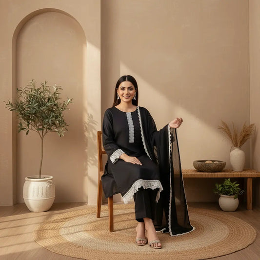 Elegant Black Cotton Lawn 3 Piece Suit With Contrast Lace Detailing WOMEN'S CHOICE