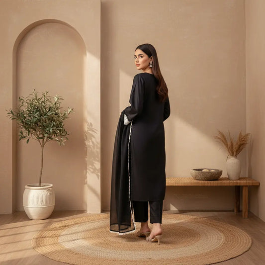 Elegant Black Cotton Lawn 3 Piece Suit With Contrast Lace Detailing WOMEN'S CHOICE