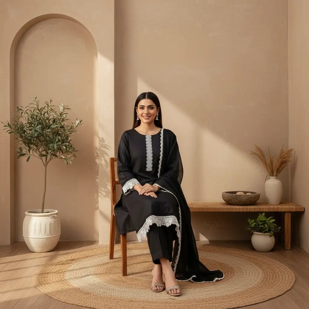 Elegant Black Cotton Lawn 3 Piece Suit With Contrast Lace Detailing WOMEN'S CHOICE