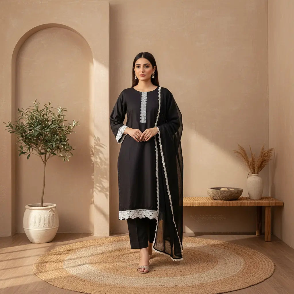 Elegant Black Cotton Lawn 3 Piece Suit With Contrast Lace Detailing WOMEN'S CHOICE