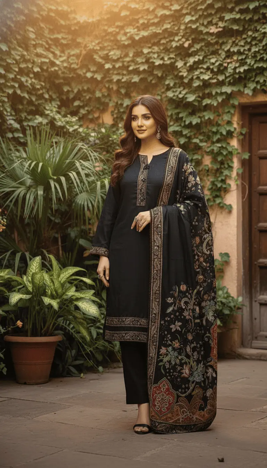 Elegant Black Printed Silk 3-Piece Suit WOMEN'S CHOICE