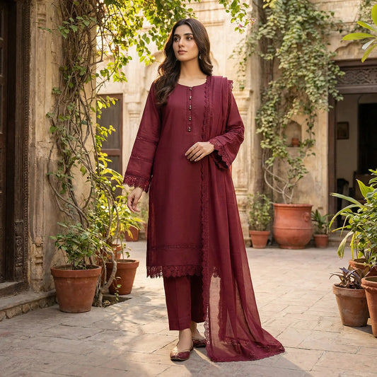 Elegant Maroon 3-Piece Lawn Suit with Premium Lace Detailing WOMEN'S CHOICE