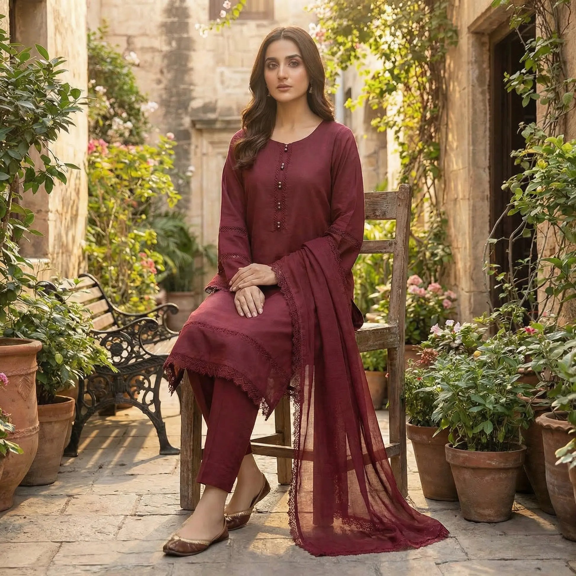Elegant Maroon 3-Piece Lawn Suit with Premium Lace Detailing WOMEN'S CHOICE