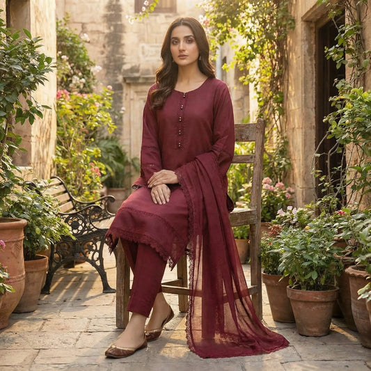 Elegant Maroon 3-Piece Lawn Suit with Premium Lace Detailing WOMEN'S CHOICE
