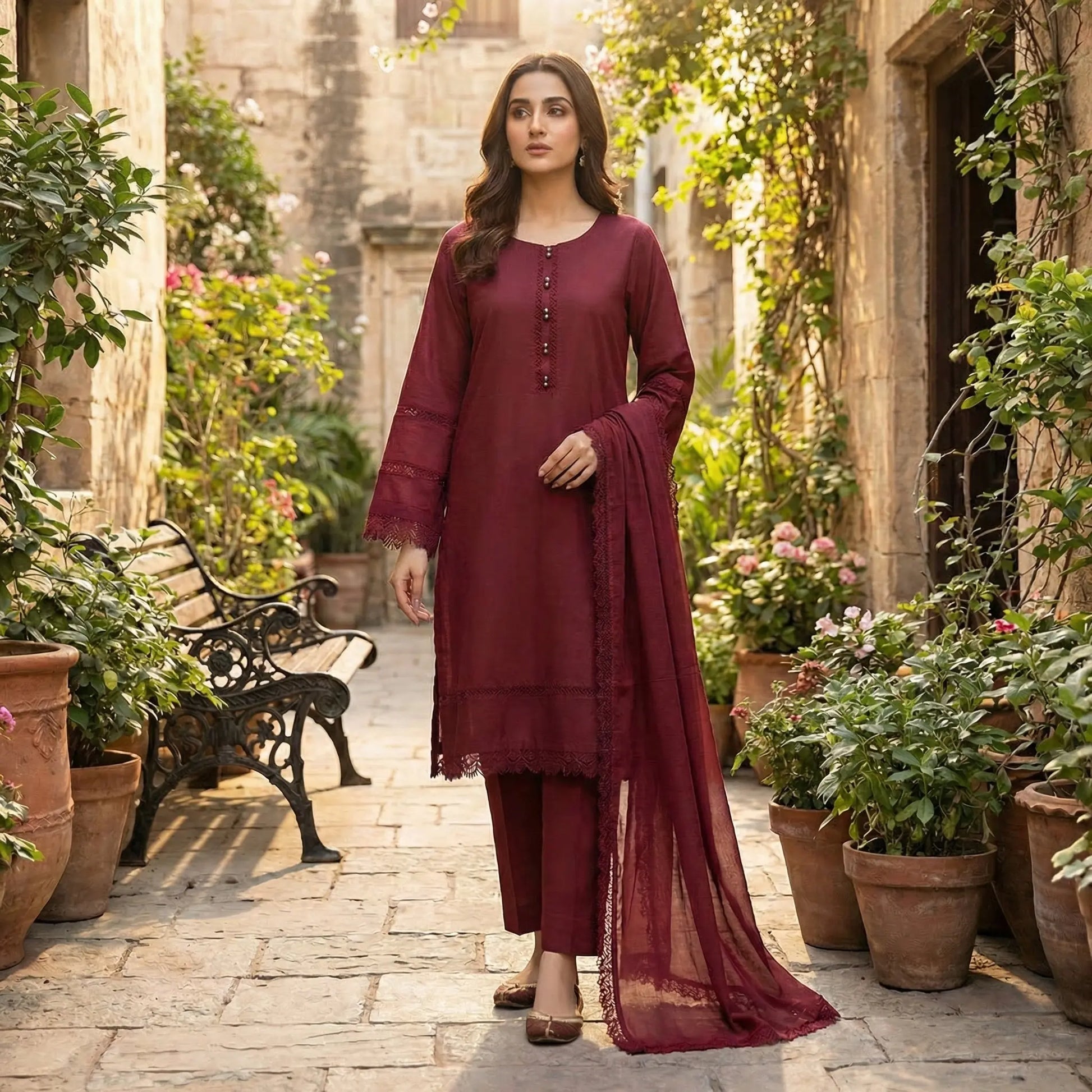 Elegant Maroon 3-Piece Lawn Suit with Premium Lace Detailing WOMEN'S CHOICE