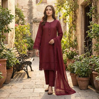 Elegant Maroon 3-Piece Lawn Suit with Premium Lace Detailing WOMEN'S CHOICE