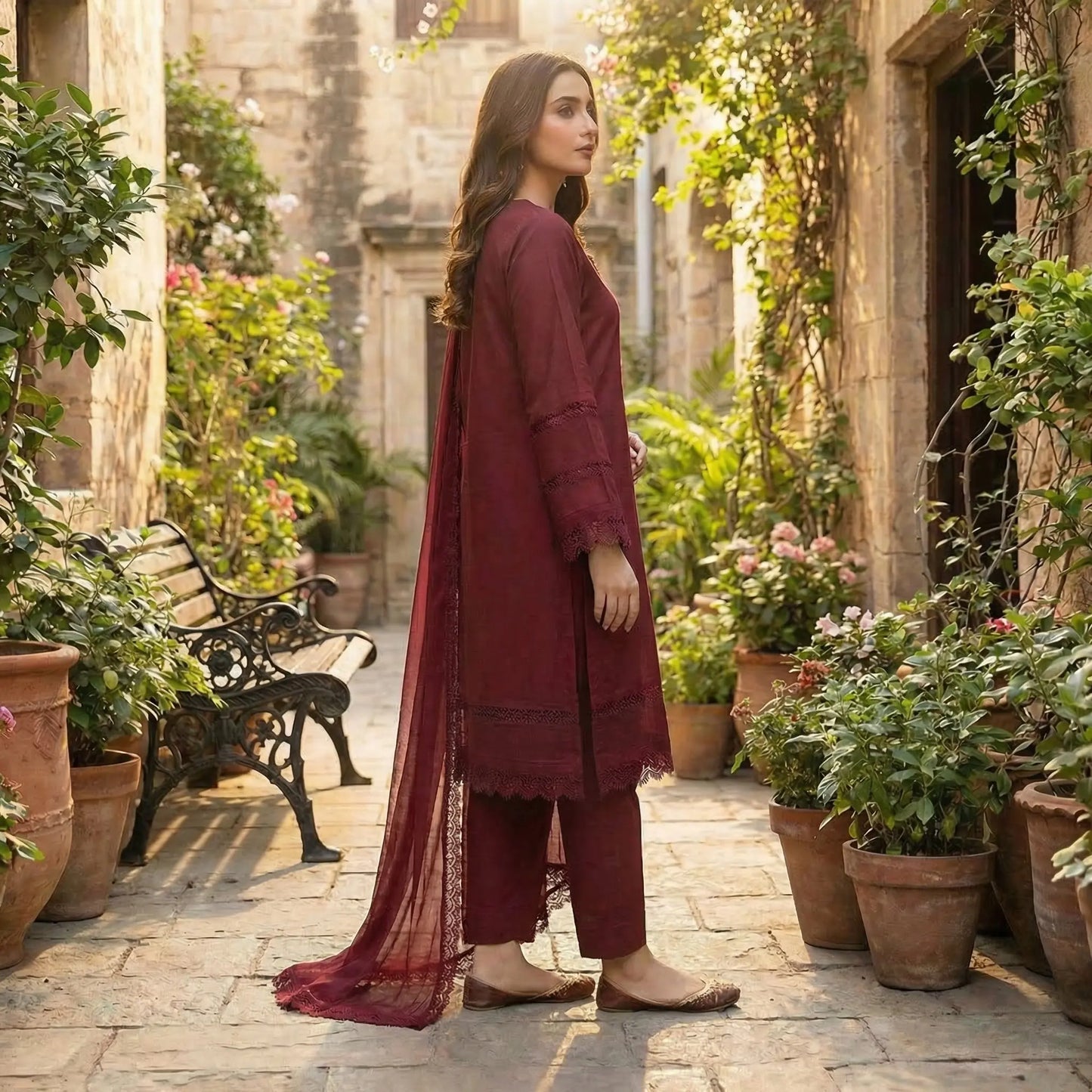 Elegant Maroon 3-Piece Lawn Suit with Premium Lace Detailing WOMEN'S CHOICE