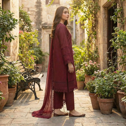 Elegant Maroon 3-Piece Lawn Suit with Premium Lace Detailing WOMEN'S CHOICE