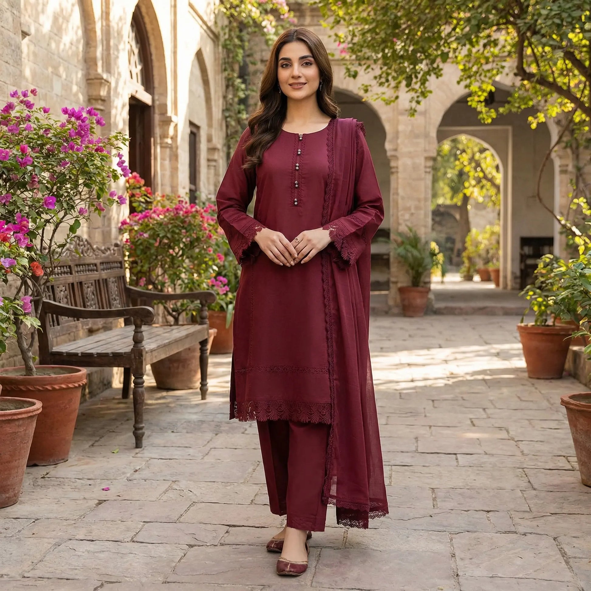 Elegant Maroon 3-Piece Lawn Suit with Premium Lace Detailing WOMEN'S CHOICE