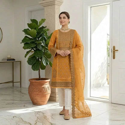 Embroidered Suit Midnight Royal and Mustard Orange 3-Piece Organza Stitched Suit WOMEN'S CHOICE