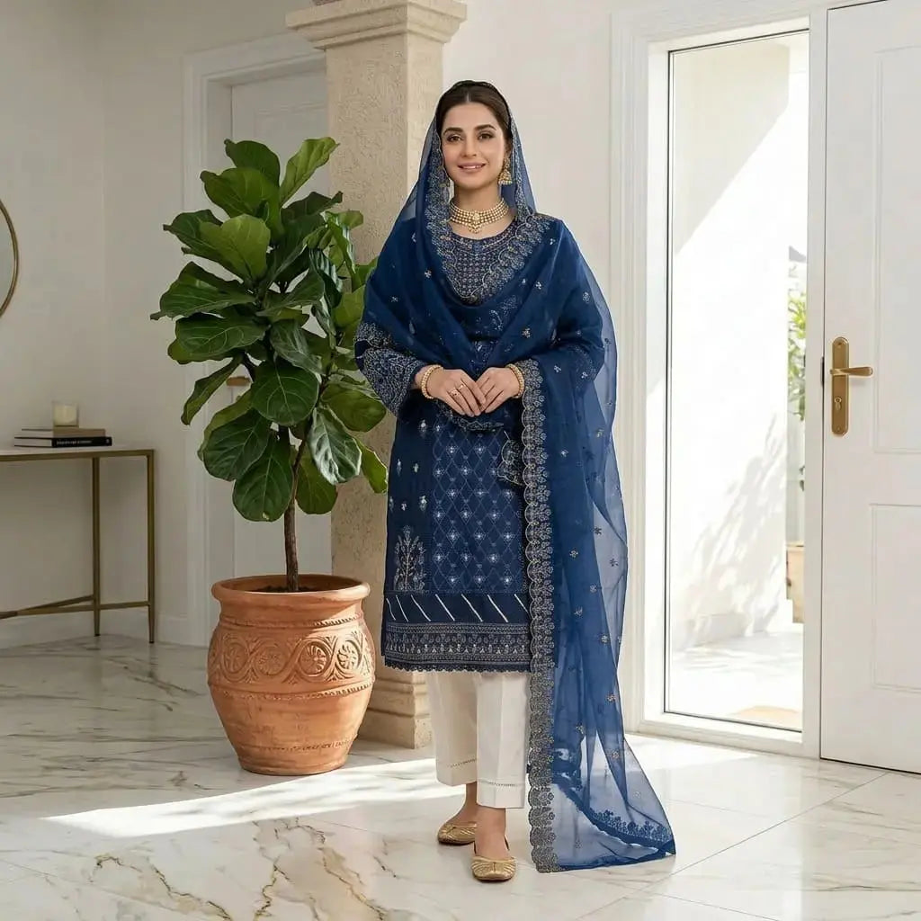 Embroidered Suit Midnight Royal and Mustard Orange 3-Piece Organza Stitched Suit WOMEN'S CHOICE