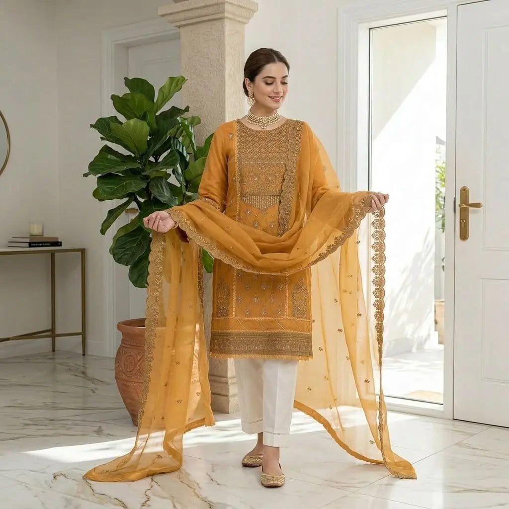 Embroidered Suit Midnight Royal and Mustard Orange 3-Piece Organza Stitched Suit WOMEN'S CHOICE