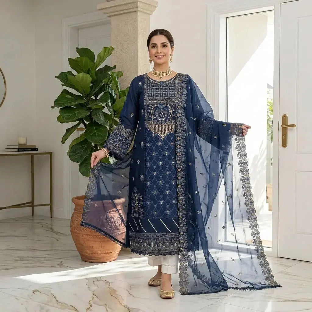 Embroidered Suit Midnight Royal and Mustard Orange 3-Piece Organza Stitched Suit WOMEN'S CHOICE