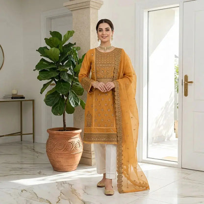 Embroidered Suit Midnight Royal and Mustard Orange 3-Piece Organza Stitched Suit WOMEN'S CHOICE
