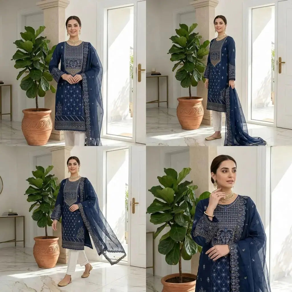 Embroidered Suit Midnight Royal and Mustard Orange 3-Piece Organza Stitched Suit WOMEN'S CHOICE