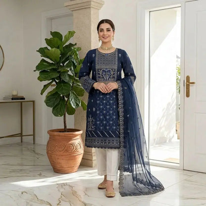 Embroidered Suit Midnight Royal and Mustard Orange 3-Piece Organza Stitched Suit WOMEN'S CHOICE