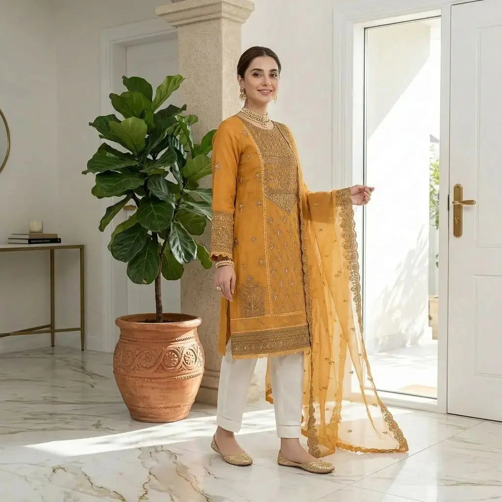 Embroidered Suit Midnight Royal and Mustard Orange 3-Piece Organza Stitched Suit WOMEN'S CHOICE