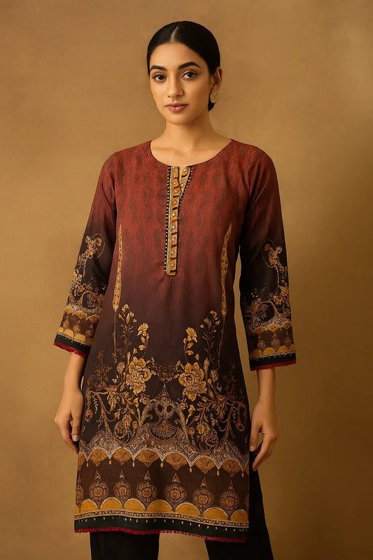 Maroon & Black Shalmos Silk Kurti with Antique Gold Digital Print – 1 Piece Stitched WOMEN'S CHOICE