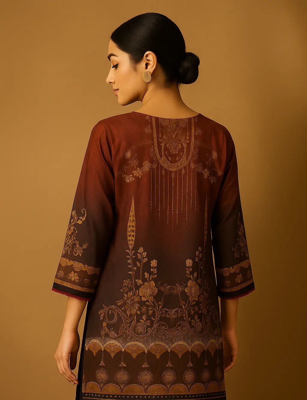 Maroon & Black Shalmos Silk Kurti with Antique Gold Digital Print – 1 Piece Stitched WOMEN'S CHOICE