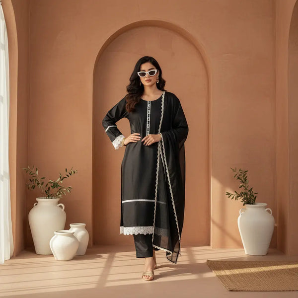 Midnight Elegance Black Cotton Lawn 3 Piece Suit WOMEN'S CHOICE