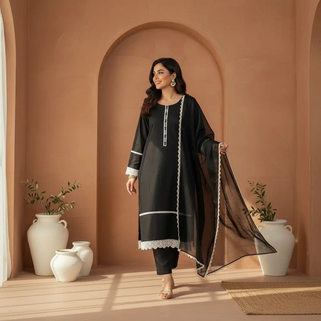 Midnight Elegance Black Cotton Lawn 3 Piece Suit WOMEN'S CHOICE