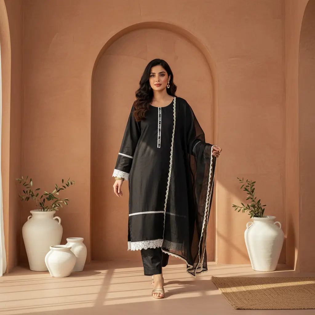 Midnight Elegance Black Cotton Lawn 3 Piece Suit WOMEN'S CHOICE