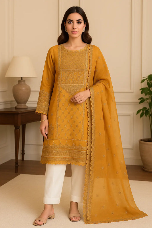 Midnight Royal and Mustard Orange Embroidered 3-Piece Organza Stitched Suit WOMEN'S CHOICE