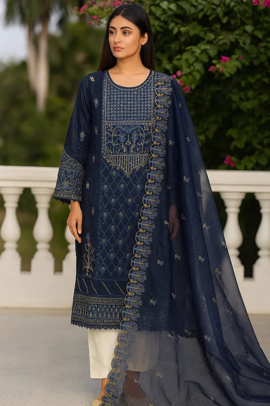 Midnight Royal and Mustard Orange Embroidered 3-Piece Organza Stitched Suit WOMEN'S CHOICE